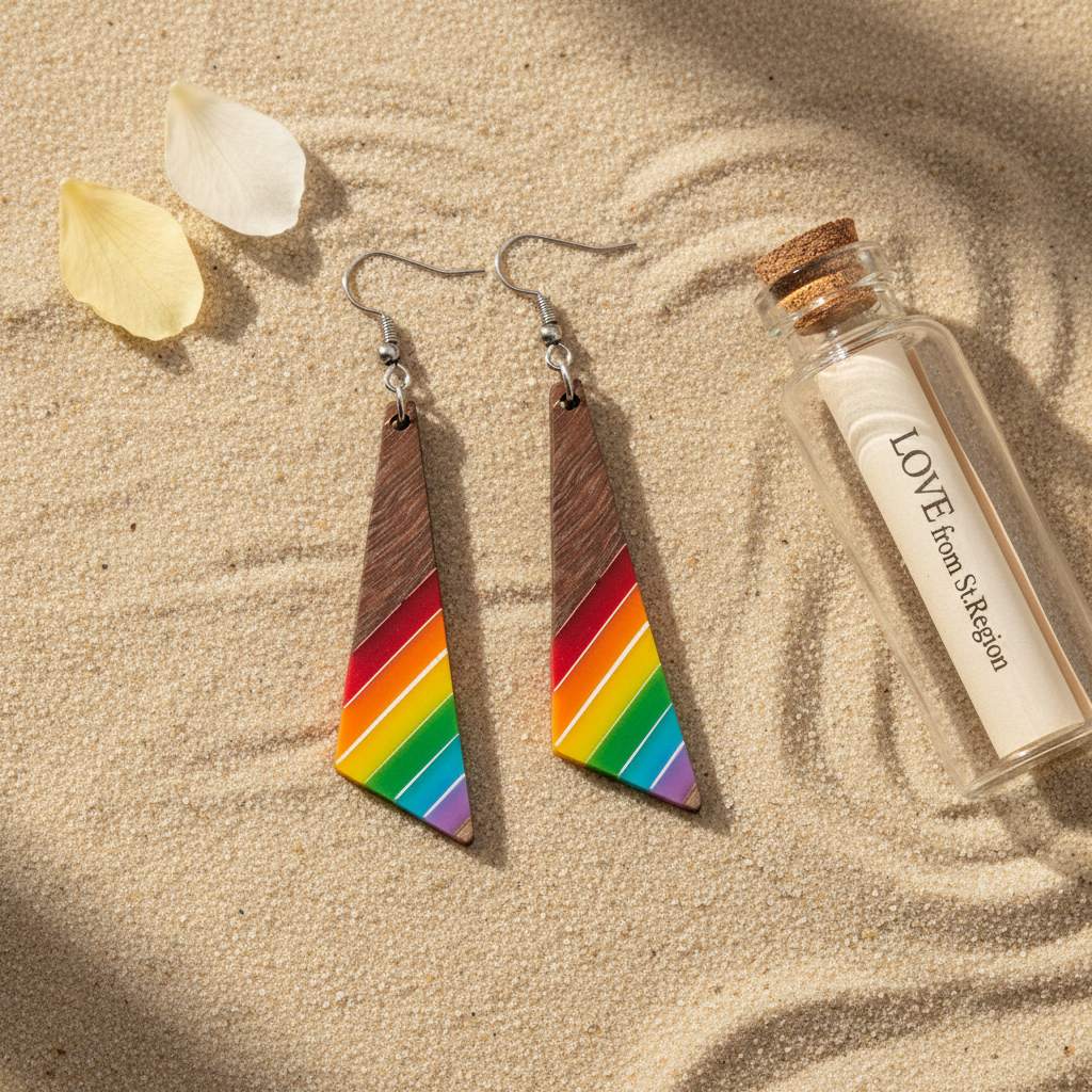 Rainbow Resin & Wood Silvertone Stripped Triangle Hook Earrings