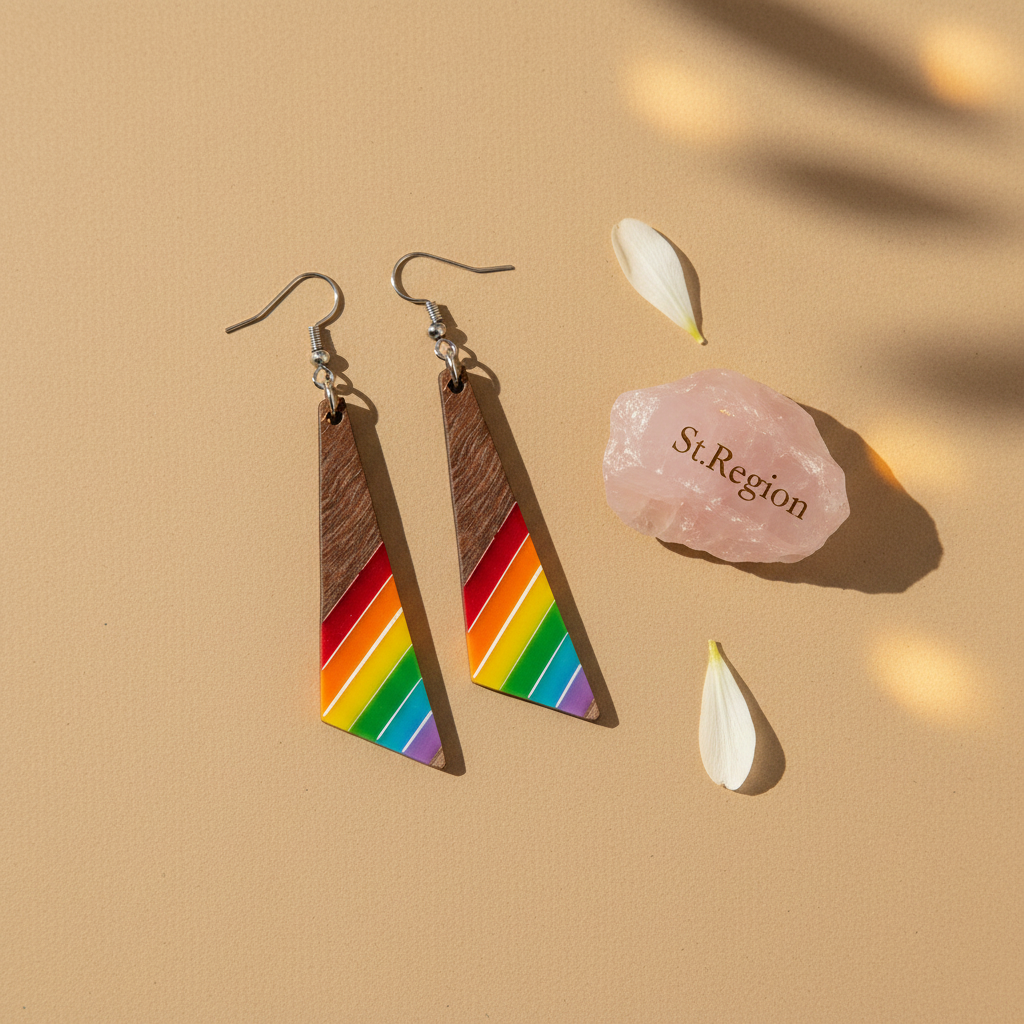 Rainbow Resin & Wood Silvertone Stripped Triangle Hook Earrings