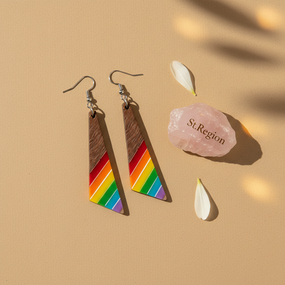 Rainbow Resin & Wood Silvertone Stripped Triangle Hook Earrings