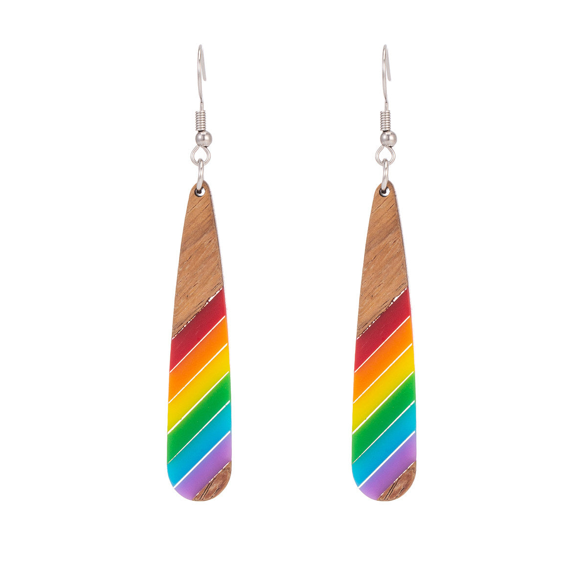 Rainbow Resin & Wood Silvertone Stripped Drop Hook Earrings