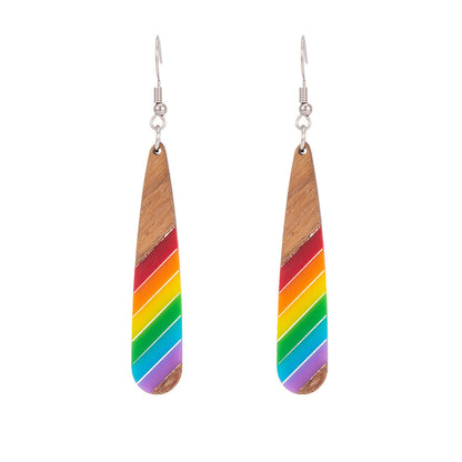 Rainbow Resin & Wood Silvertone Stripped Drop Hook Earrings