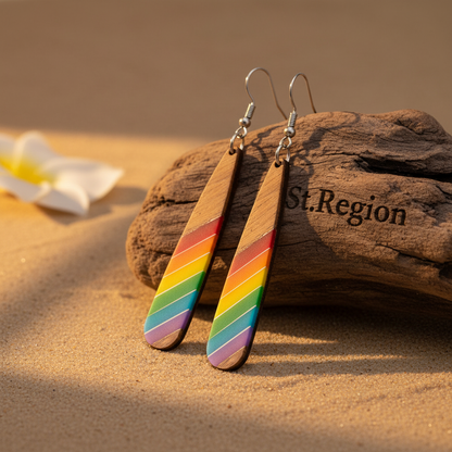 Rainbow Resin & Wood Silvertone Stripped Drop Hook Earrings