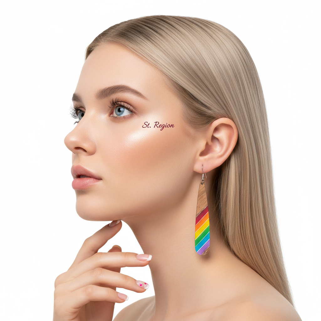 Rainbow Resin & Wood Silvertone Stripped Drop Hook Earrings