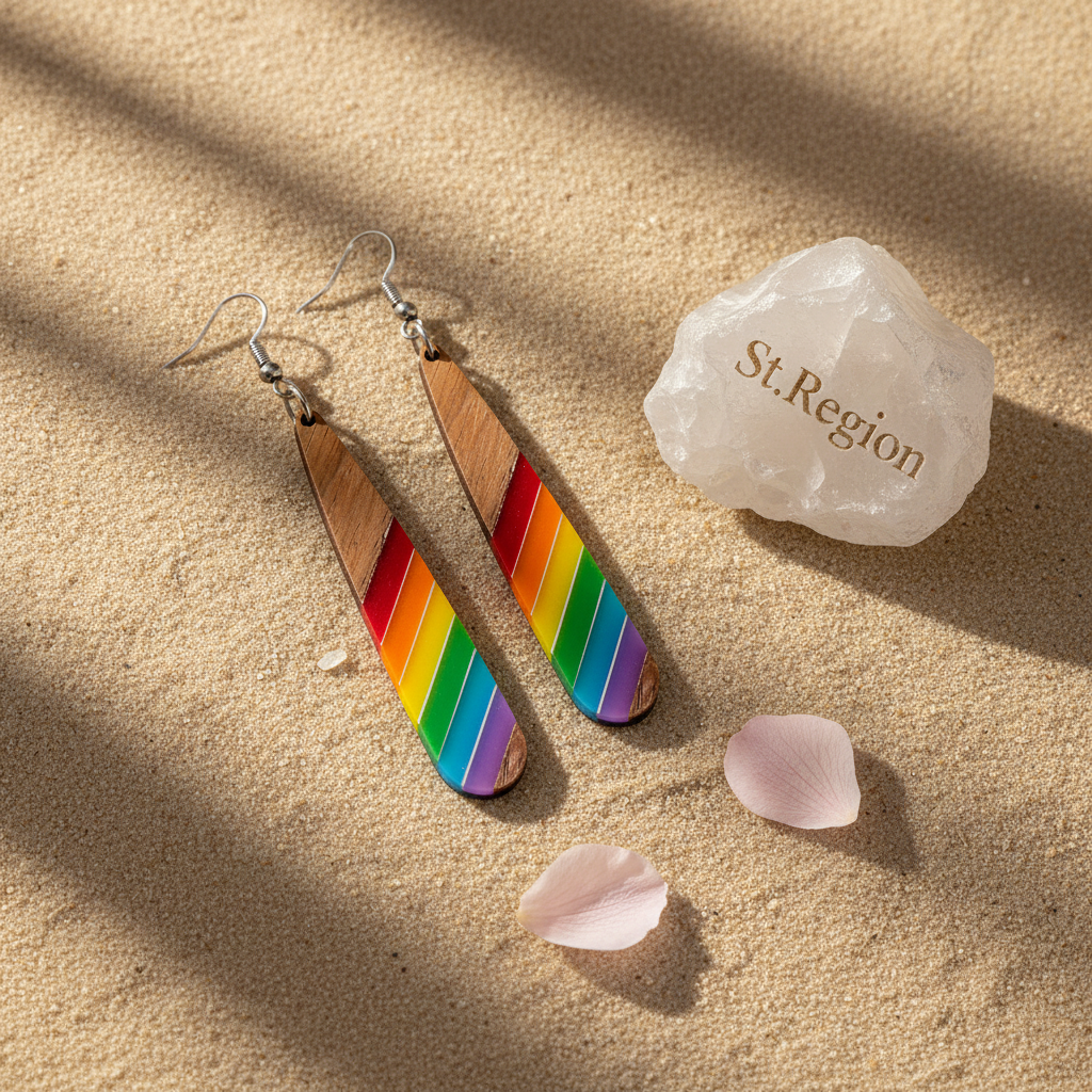 Rainbow Resin & Wood Silvertone Stripped Drop Hook Earrings