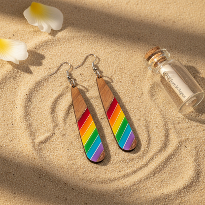Rainbow Resin & Wood Silvertone Stripped Drop Hook Earrings