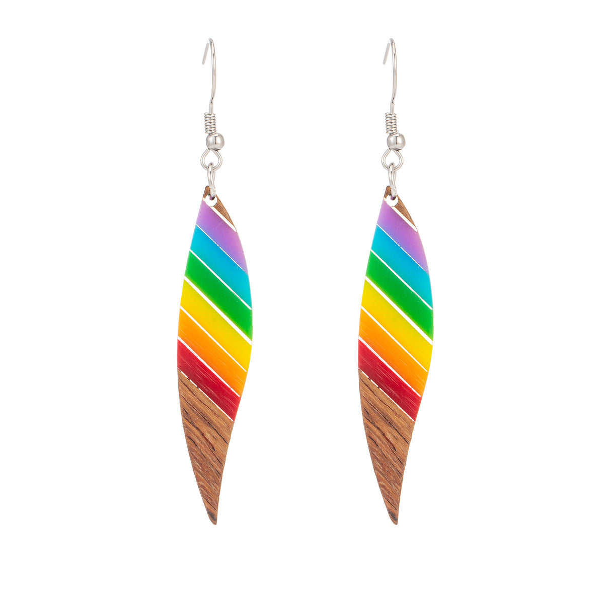 Rainbow Resin & Wood Silvertone Stripped Leaf Hook Earrings
