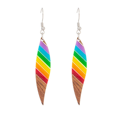 Rainbow Resin & Wood Silvertone Stripped Leaf Hook Earrings
