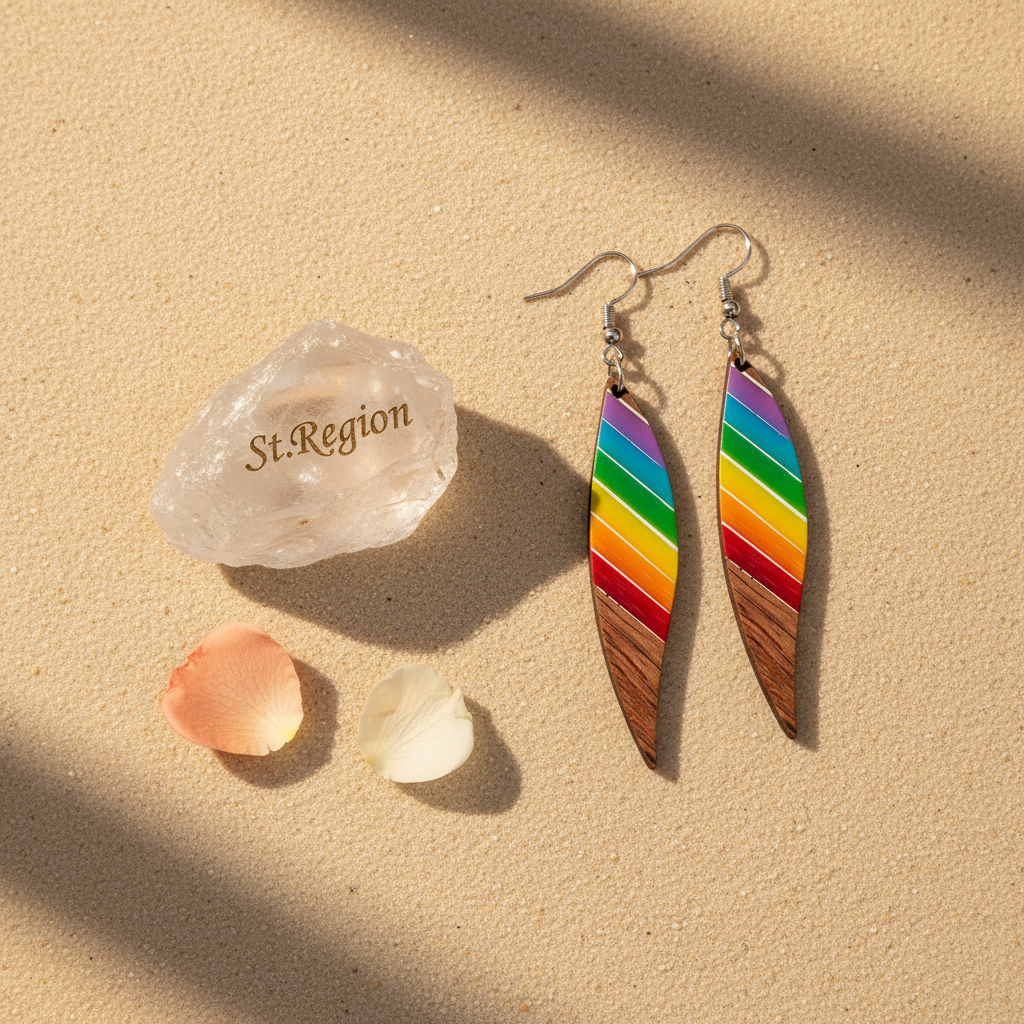 Rainbow Resin & Wood Silvertone Stripped Leaf Hook Earrings