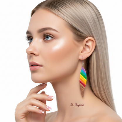 Rainbow Resin & Wood Silvertone Stripped Leaf Hook Earrings
