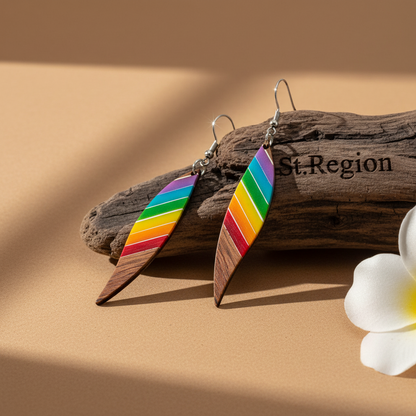 Rainbow Resin & Wood Silvertone Stripped Leaf Hook Earrings