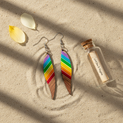 Rainbow Resin & Wood Silvertone Stripped Leaf Hook Earrings