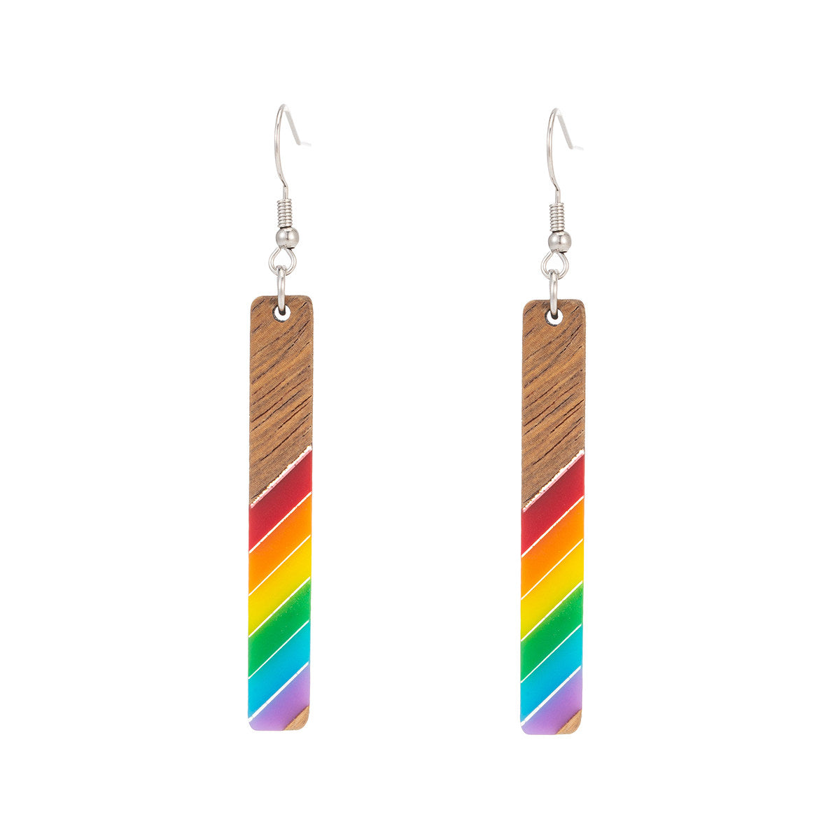 Rainbow Resin & Wood Silvertone Stripped Bar Hook Earrings