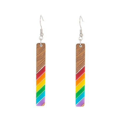 Rainbow Resin & Wood Silvertone Stripped Bar Hook Earrings
