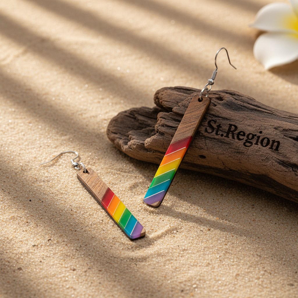 Rainbow Resin & Wood Silvertone Stripped Bar Hook Earrings