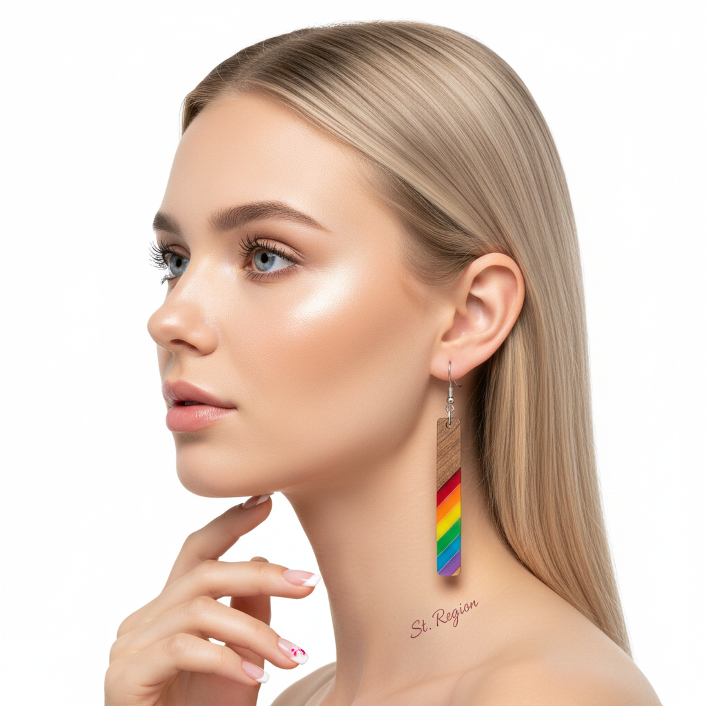Rainbow Resin & Wood Silvertone Stripped Bar Hook Earrings