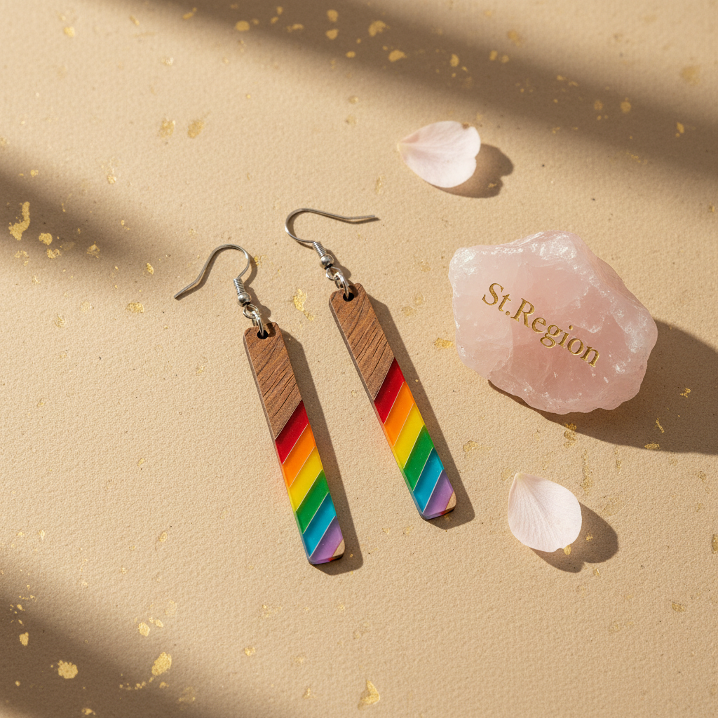Rainbow Resin & Wood Silvertone Stripped Bar Hook Earrings