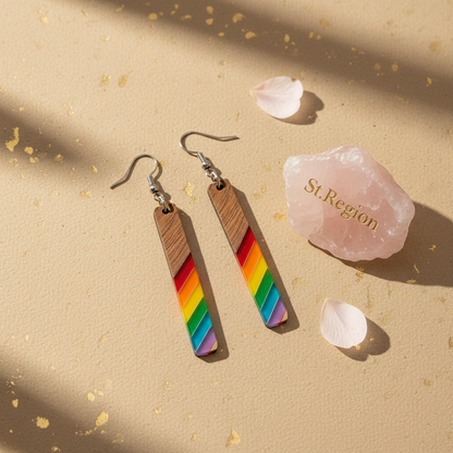 Rainbow Resin & Wood Silvertone Stripped Bar Hook Earrings