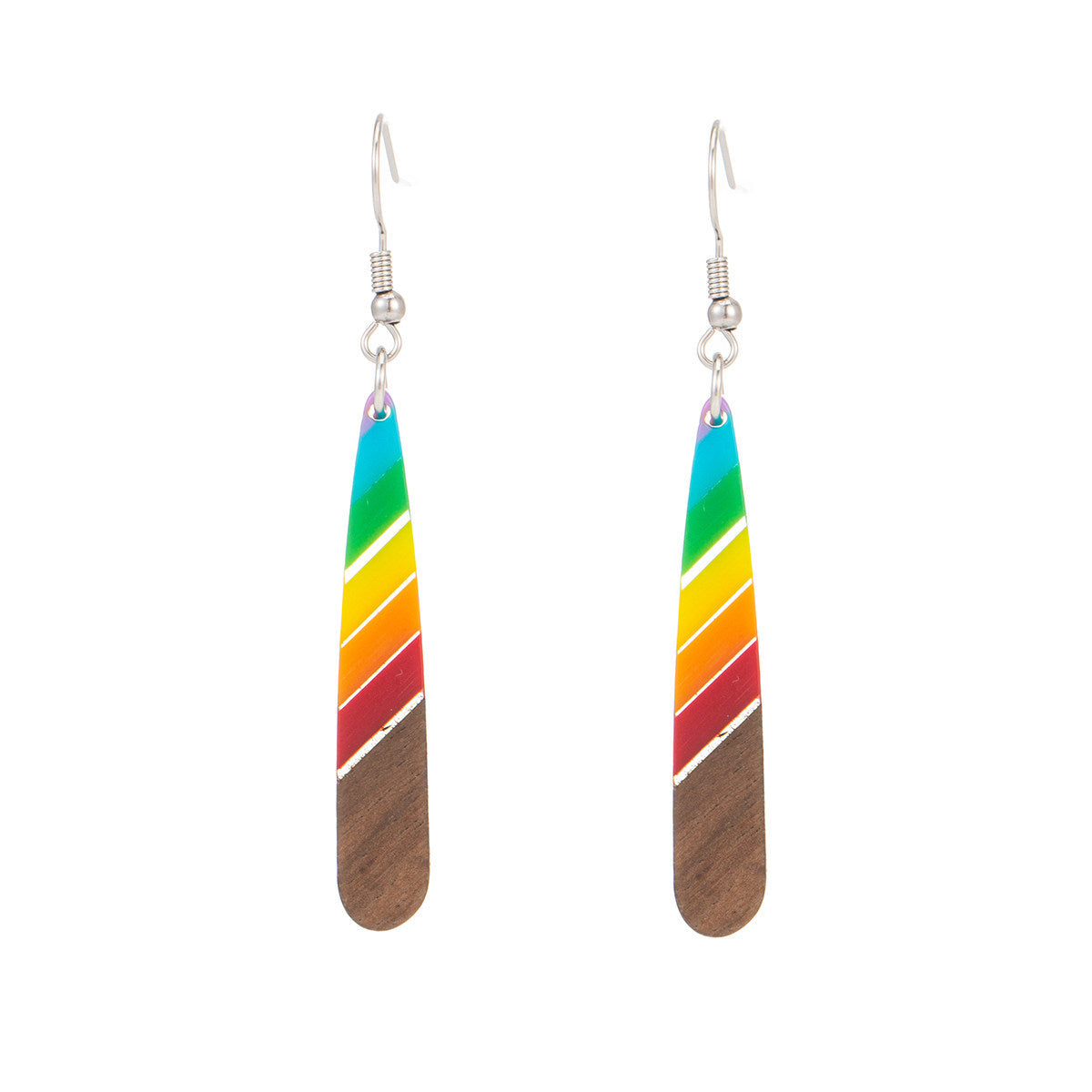 Rainbow Resin & Wood Silvertone Stripped Teardrop Hook Earrings