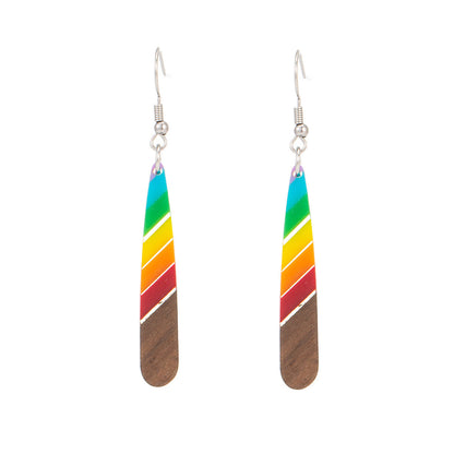 Rainbow Resin & Wood Silvertone Stripped Teardrop Hook Earrings