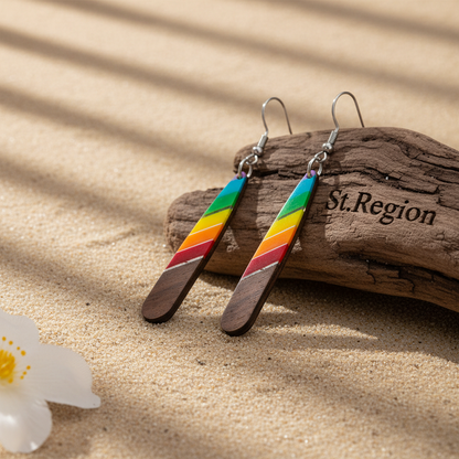 Rainbow Resin & Wood Silvertone Stripped Teardrop Hook Earrings