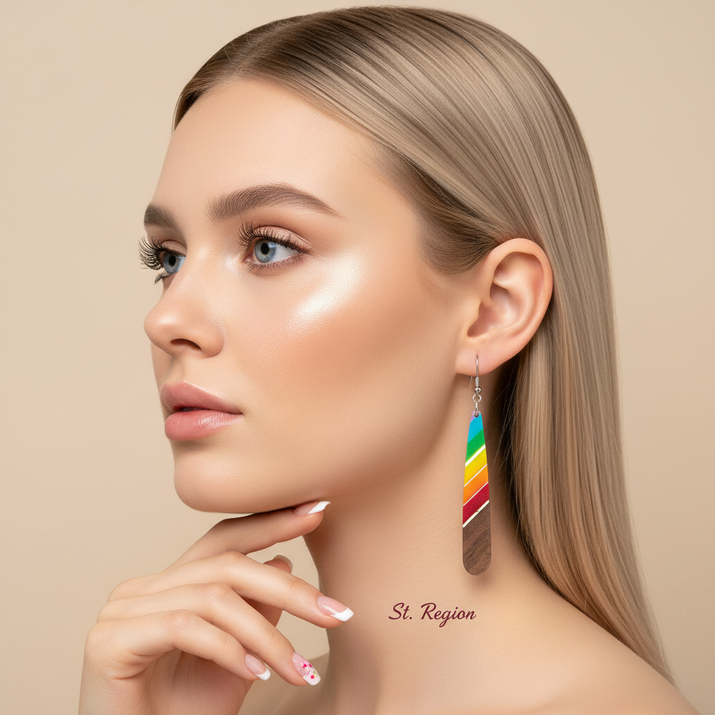 Rainbow Resin & Wood Silvertone Stripped Teardrop Hook Earrings