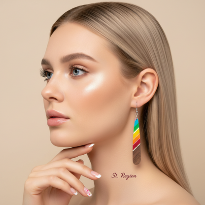 Rainbow Resin & Wood Silvertone Stripped Teardrop Hook Earrings