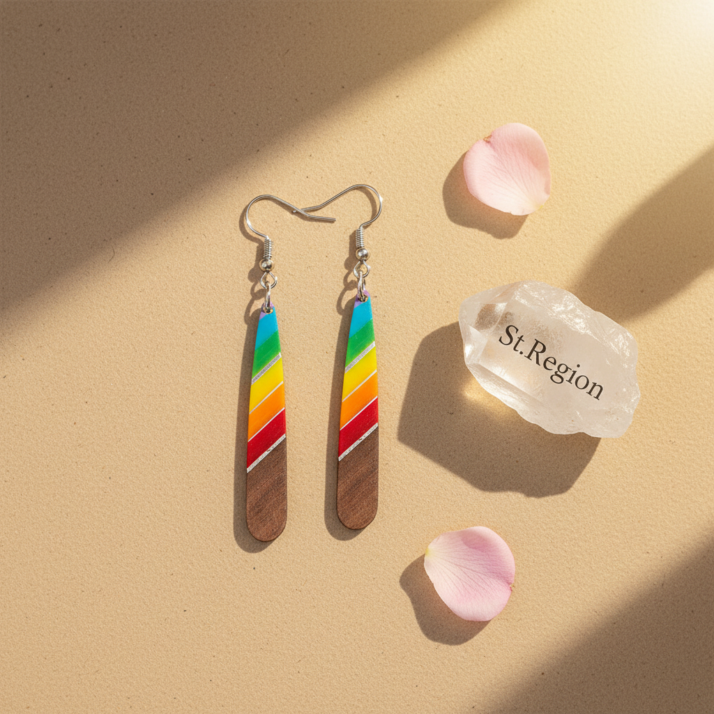 Rainbow Resin & Wood Silvertone Stripped Teardrop Hook Earrings
