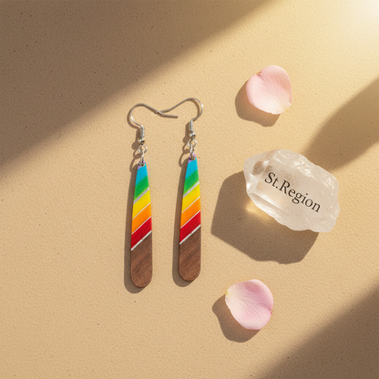 Rainbow Resin & Wood Silvertone Stripped Teardrop Hook Earrings