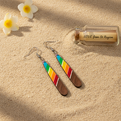 Rainbow Resin & Wood Silvertone Stripped Teardrop Hook Earrings