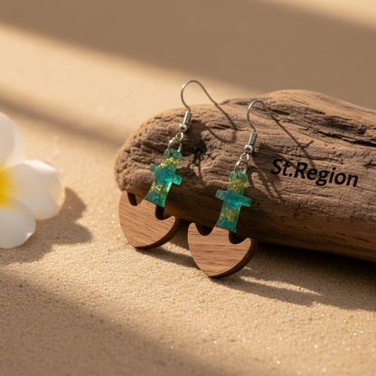 Green Resin & Wood Silvertone Anchor Hook Earrings