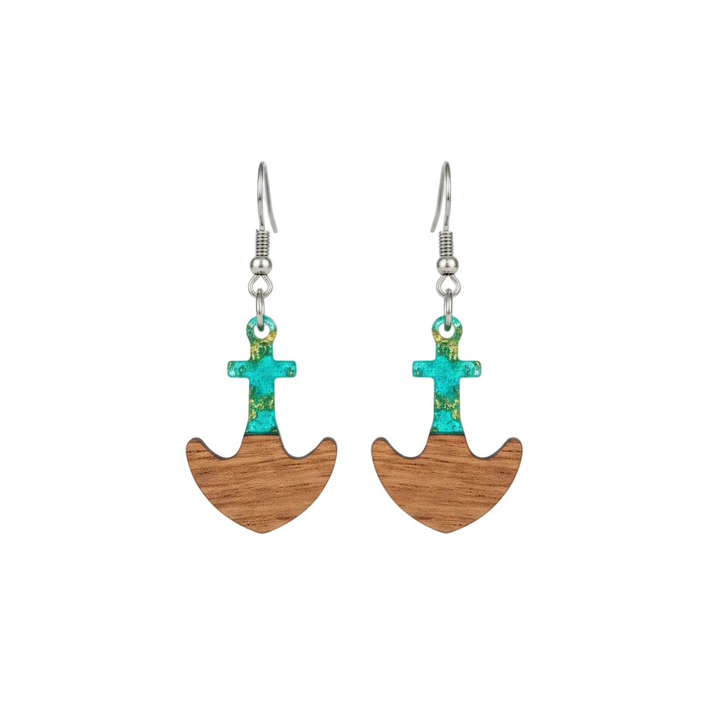 Green Resin & Wood Silvertone Anchor Hook Earrings