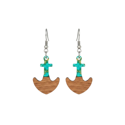 Green Resin & Wood Silvertone Anchor Hook Earrings