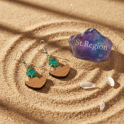 Green Resin & Wood Silvertone Anchor Hook Earrings