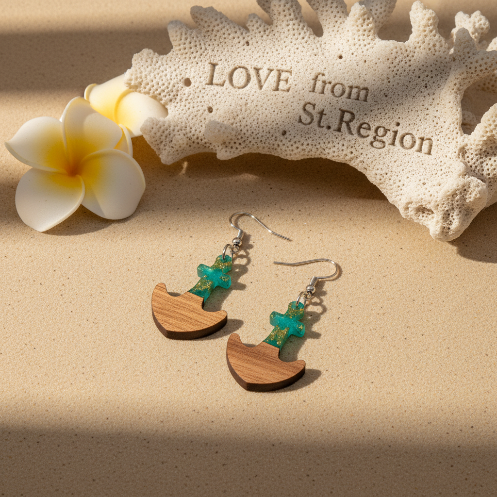 Green Resin & Wood Silvertone Anchor Hook Earrings