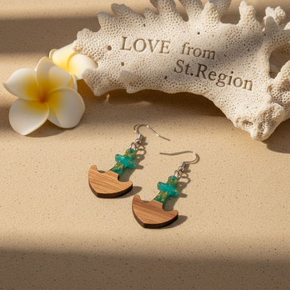 Green Resin & Wood Silvertone Anchor Hook Earrings