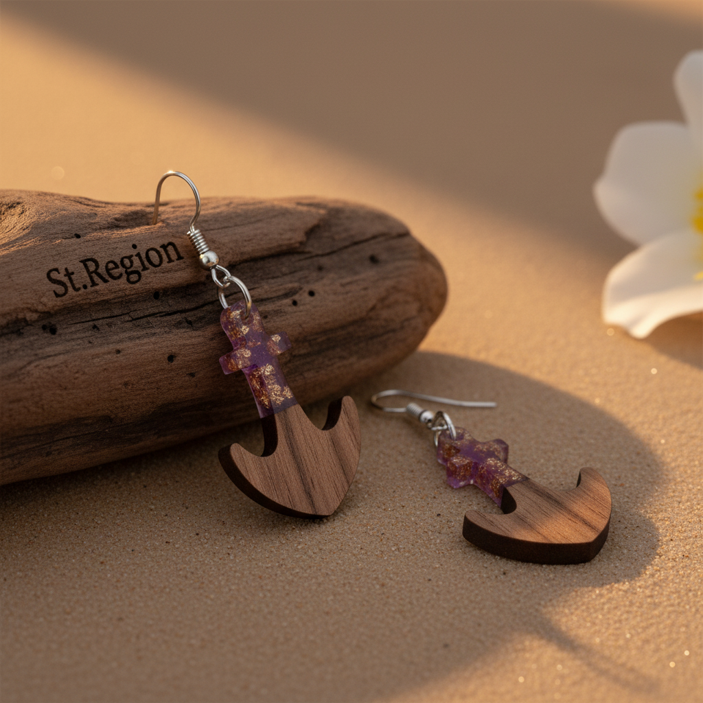 Purple Resin & Wood Silvertone Anchor Hook Earrings