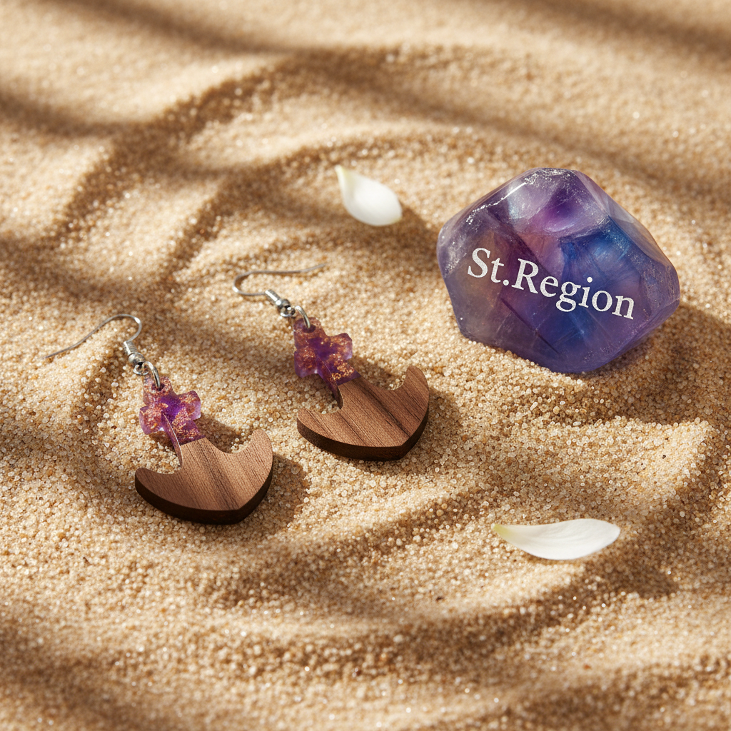 Purple Resin & Wood Silvertone Anchor Hook Earrings