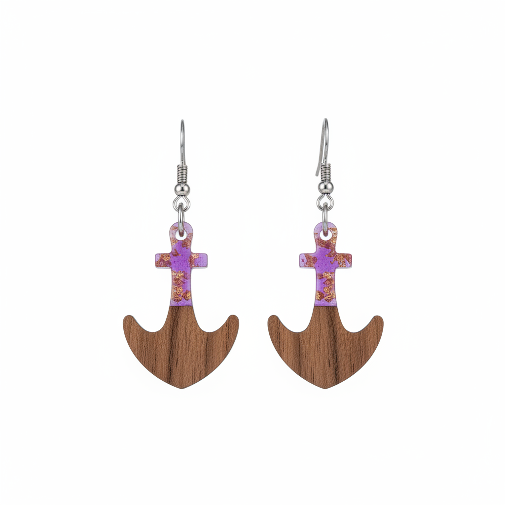 Purple Resin & Wood Silvertone Anchor Hook Earrings