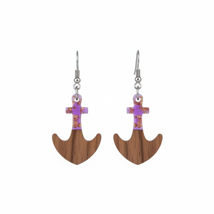 Purple Resin & Wood Silvertone Anchor Hook Earrings
