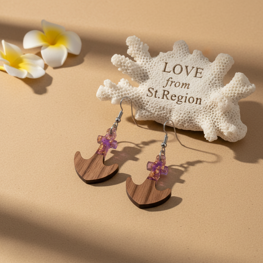 Purple Resin & Wood Silvertone Anchor Hook Earrings
