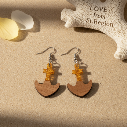 Yellow Resin & Wood Silvertone Anchor Hook Earrings
