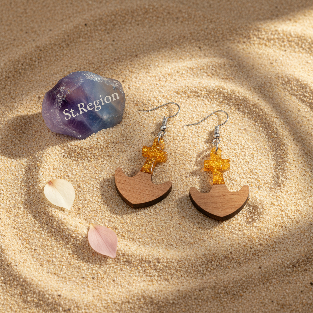 Yellow Resin & Wood Silvertone Anchor Hook Earrings