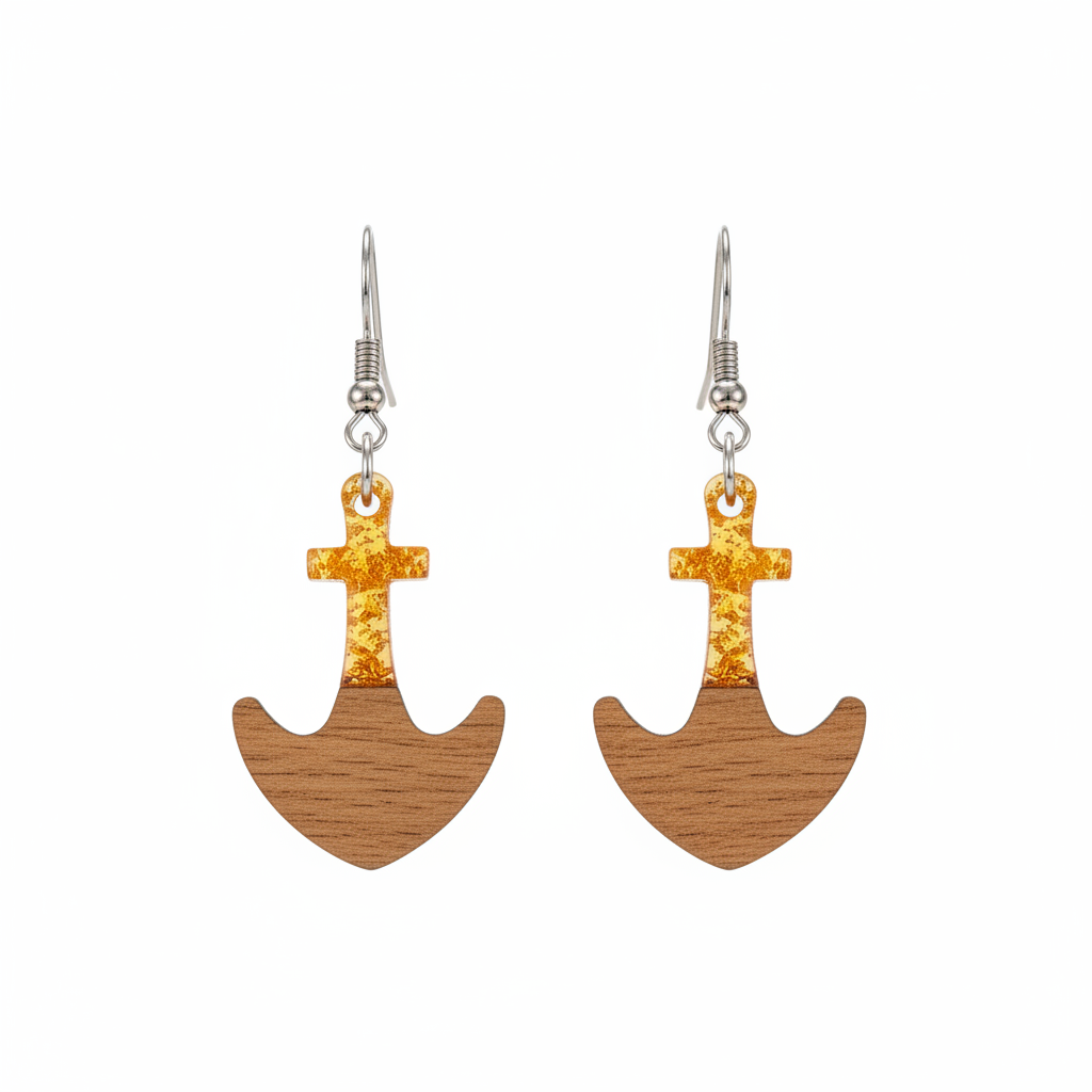 Yellow Resin & Wood Silvertone Anchor Hook Earrings