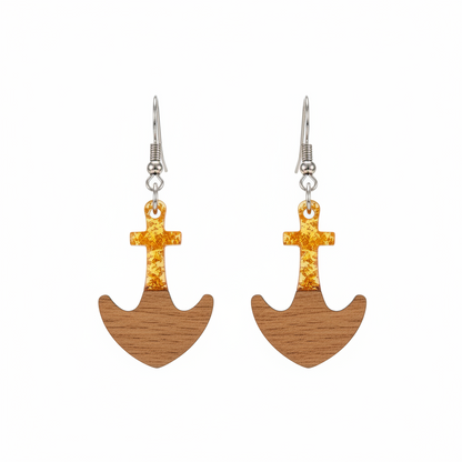Yellow Resin & Wood Silvertone Anchor Hook Earrings