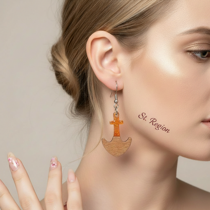 Yellow Resin & Wood Silvertone Anchor Hook Earrings