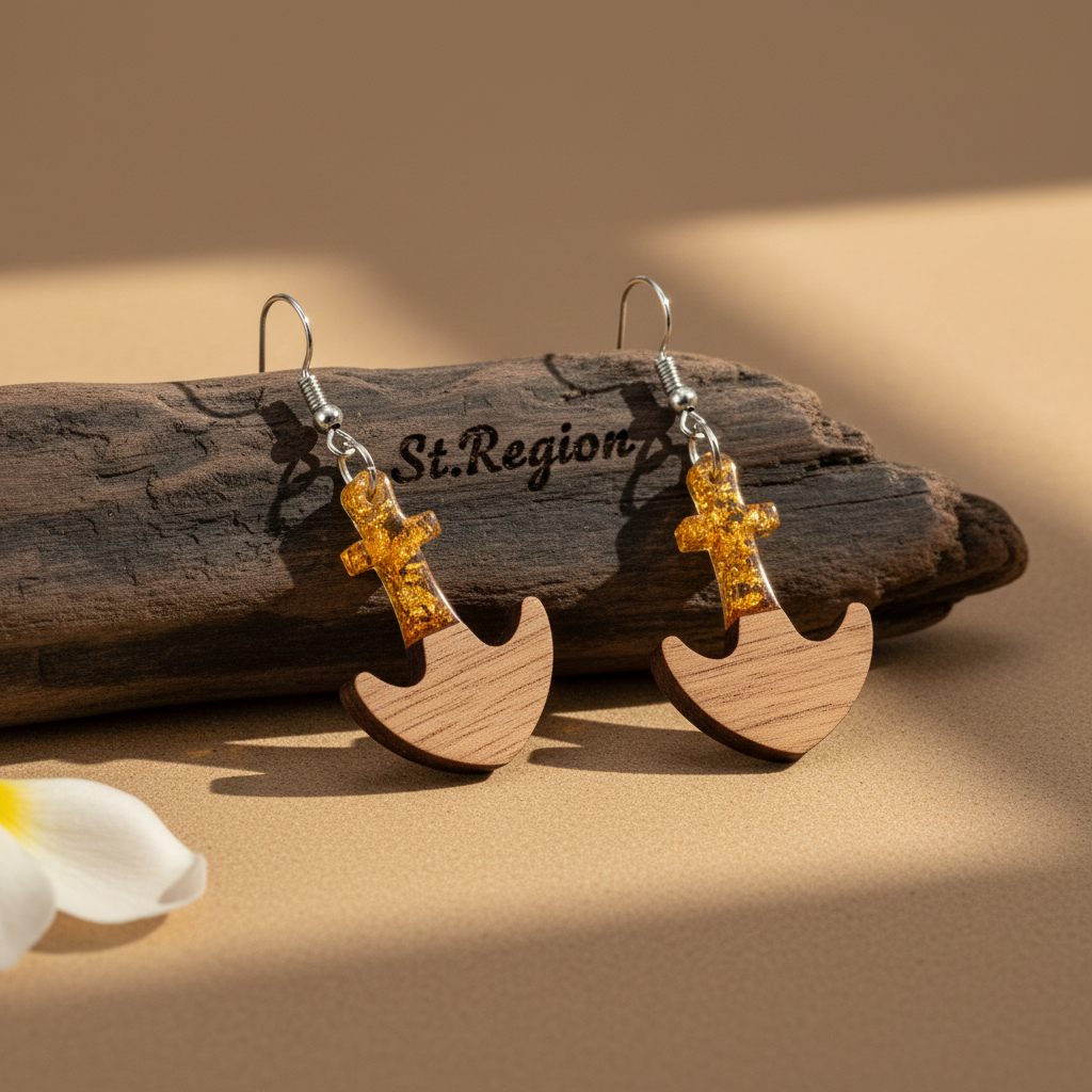 Yellow Resin & Wood Silvertone Anchor Hook Earrings
