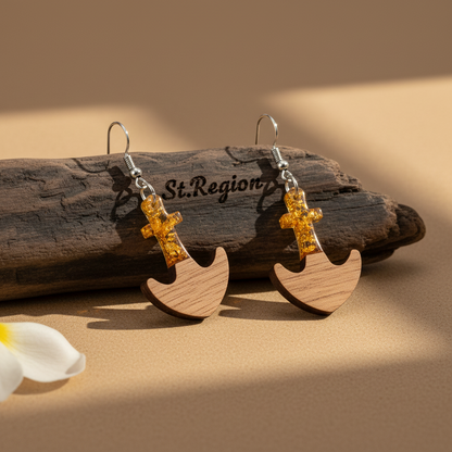 Yellow Resin & Wood Silvertone Anchor Hook Earrings