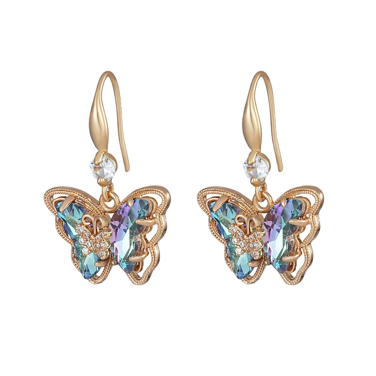 Blue Crystal & Cubic Zirconia Goldtone Butterfly Hook Earrings