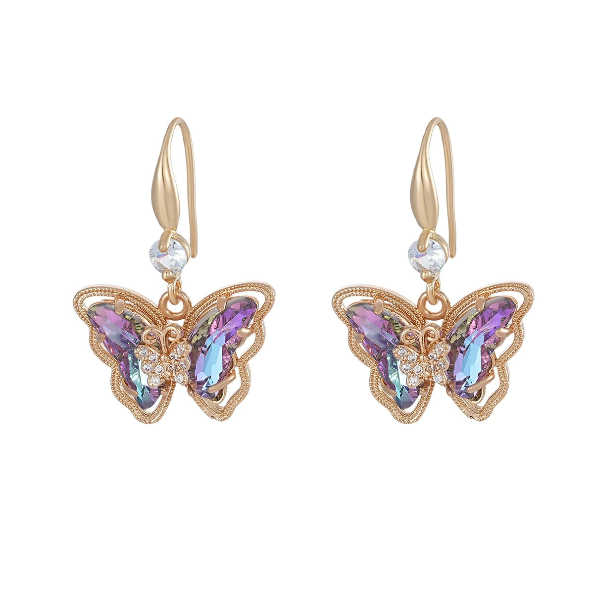 Purple Crystal & Cubic Zirconia Goldtone Butterfly Hook Earrings