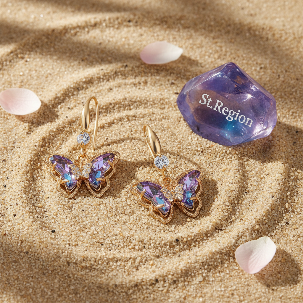 Purple Crystal & Cubic Zirconia Goldtone Butterfly Hook Earrings